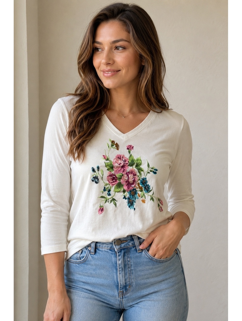 Vintage Dressbarn XL White Floral Rhinestone Sweater Top 3/4 Sleeve Cottagecore